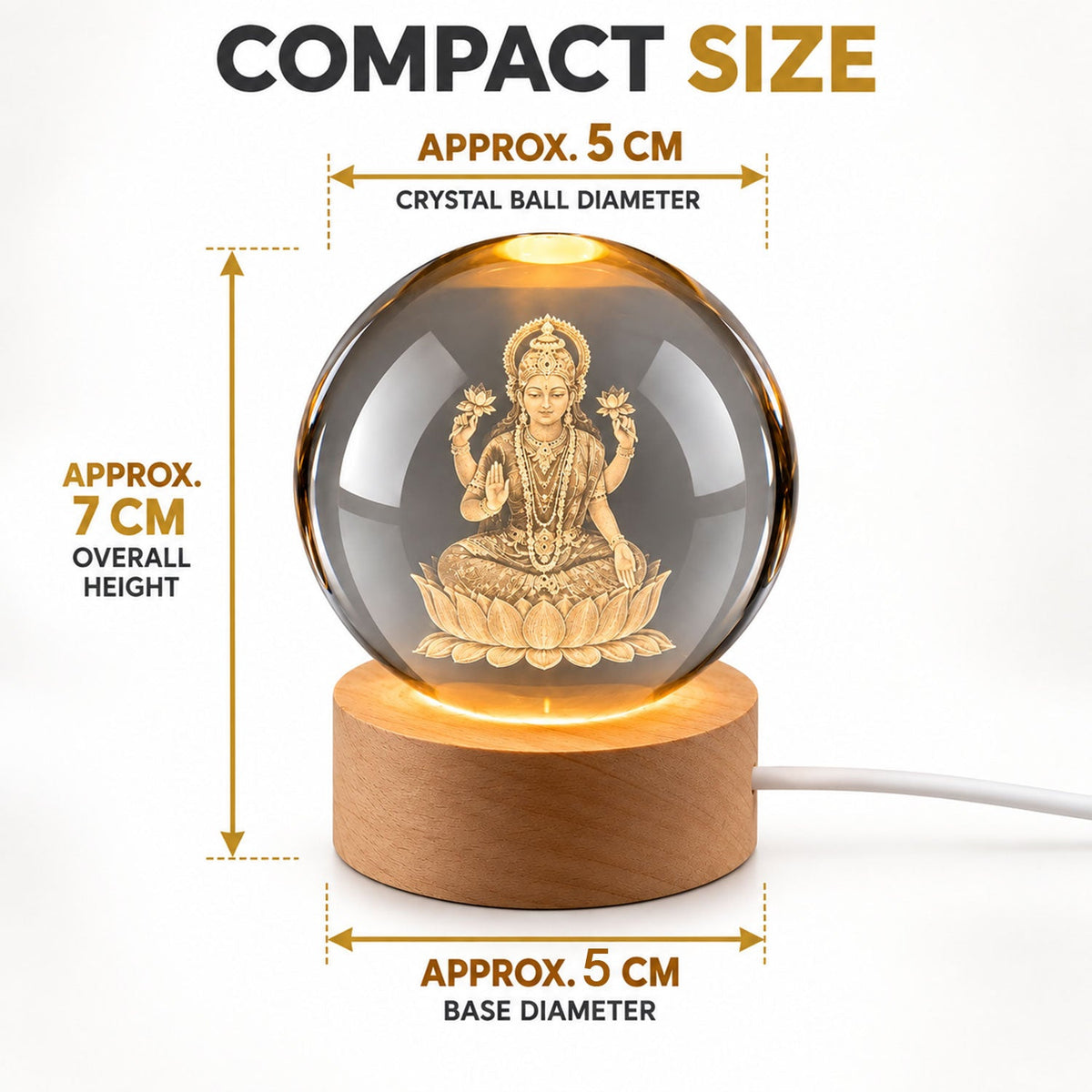 Laxmi Ji 3d Crystal Ball Lamp With Wooden Led Base And Usb Cable For Home Decor