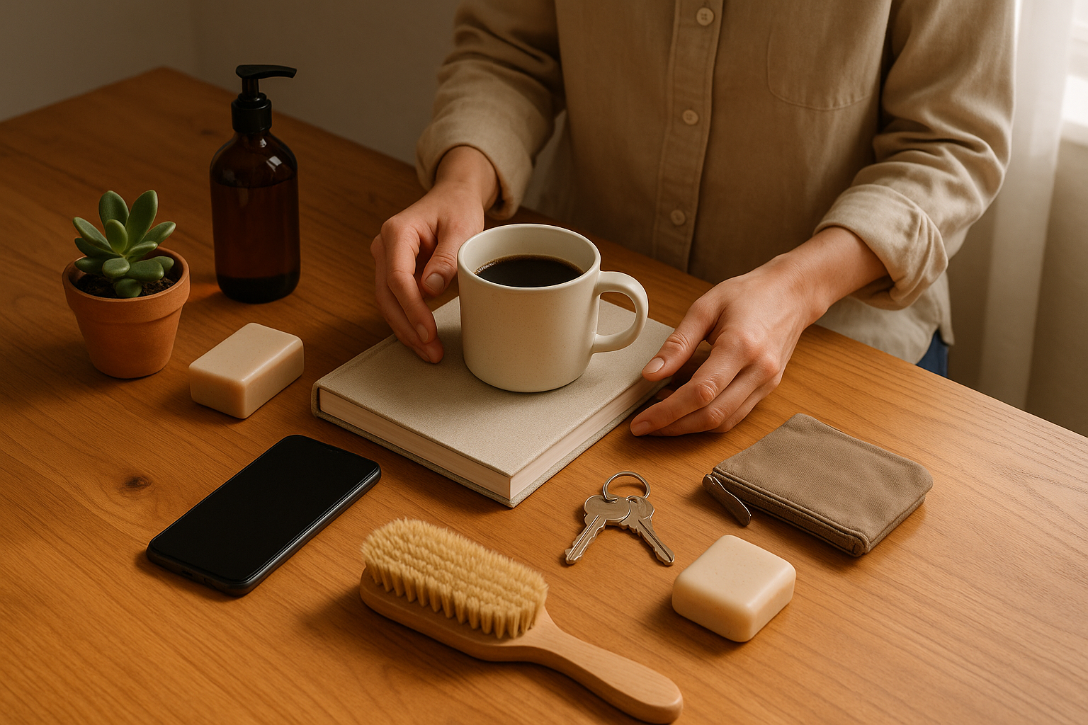 Professional brand story introduction image with hands arranging everyday essentials